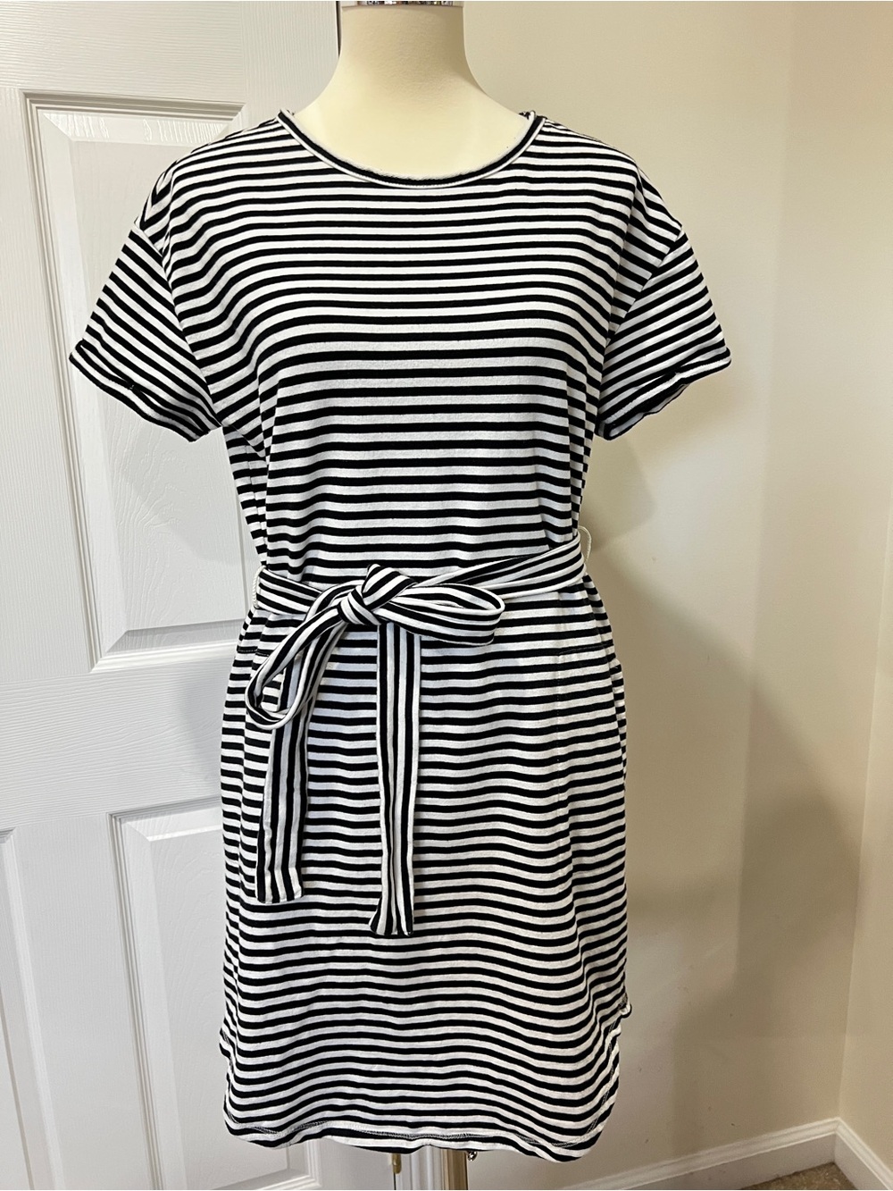 Lucky Brand Striped Shirt Dress Tie Waist Size Small Petite Loose Fit White/Blac - Picture 8 of 12